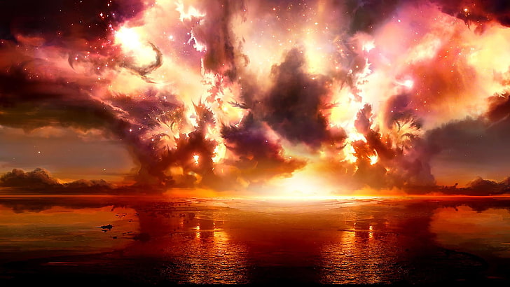 sky, scifi, fantasy art, cloud, explosion, smoke, reflection