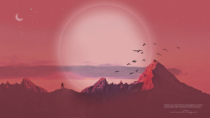mountain and birds artwork, mountains, Sun, Moon, photo manipulation