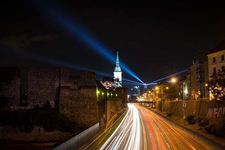 Bratislava, Slovakia, city, night, lights, architecture, light trails, HD wallpaper