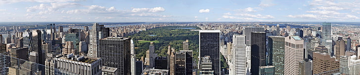 gray high-rise building, New York City, triple screen, Manhattan