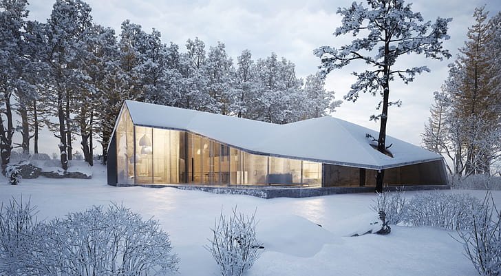Modern House Design, Winter Landscape, Architecture, Nature, Snow, HD wallpaper