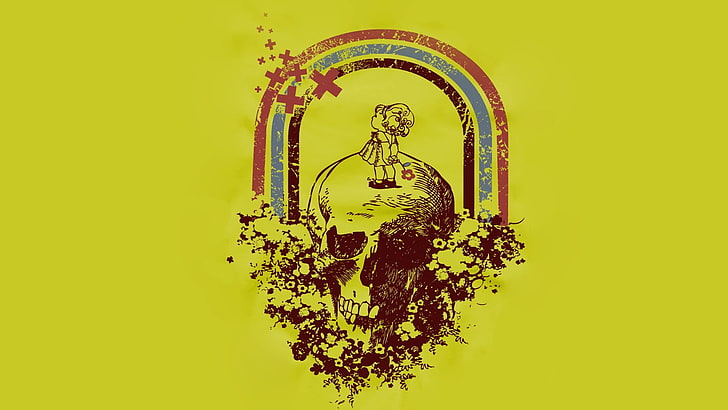 skull and rainbow artwork, minimalism, simple background, yellow, HD wallpaper