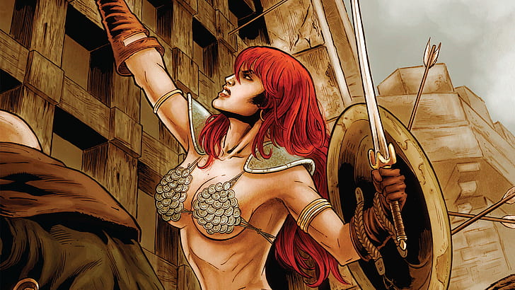 Red Sonja Redhead HD, red haired woman holding sword and shield cartoon anime character