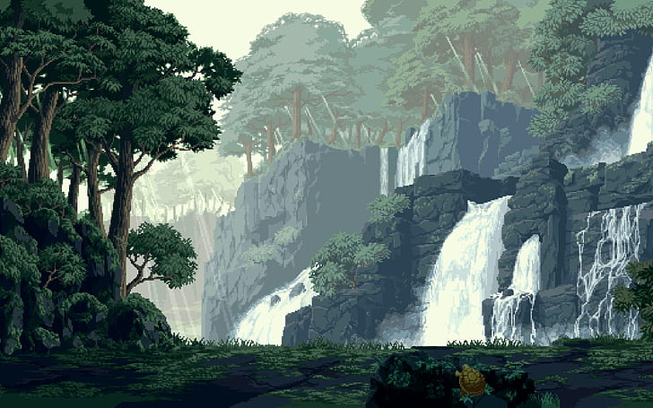 pixel art, turtle, waterfall, digital art, forest, nature