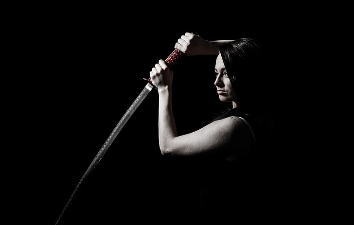 woman holding samurai sword, katana, women, studio shot, one person