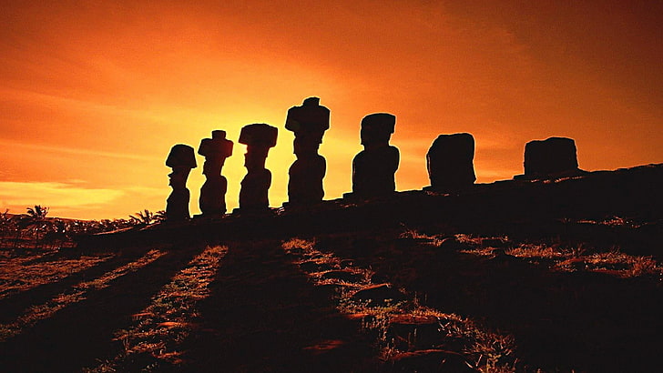 easter island, moai, ancient, monumental, stones, sunset, silhouette, HD wallpaper