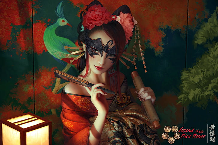 artwork, women, Asian, Japan, geisha, mask, costumes, culture