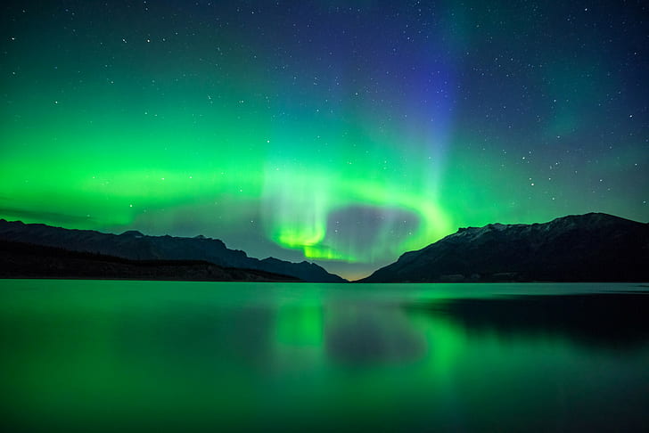 landscape, nebula, reflection, mountains, night, lake, Alberta