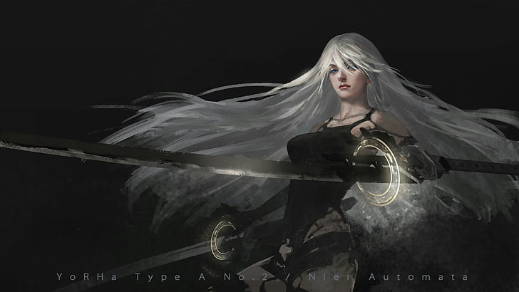 A2 (Nier: Automata), video games, sword, white hair, long hair, HD wallpaper