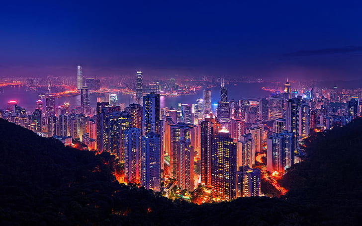 Hong Kong At Night Lighting Buildings Skyscrapers Port Wallpaper For Desktop 1920×1200, HD wallpaper