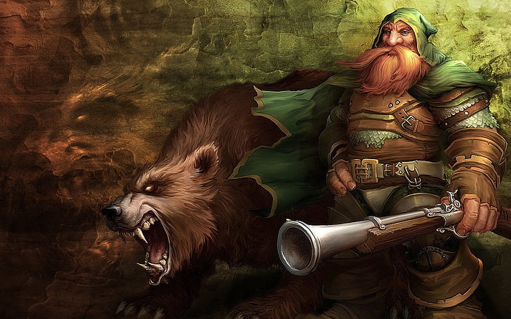 World of Warcraft gnome holding gun illustration, wall, bear