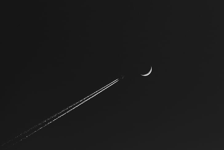 monochrome, minimalism, airplane, contrails, Moon