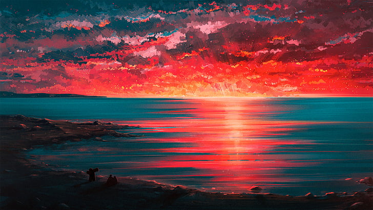 sunset painting, Seaside, Couple, Beach, Horizon, Digital art