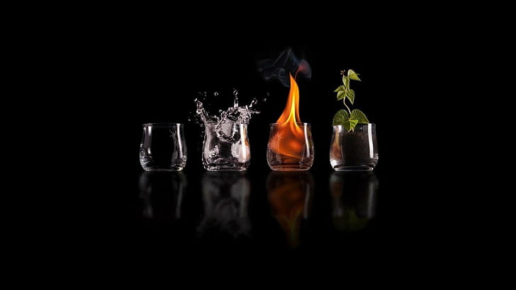 four elements nature drinking glass fire water plants science fiction elements black