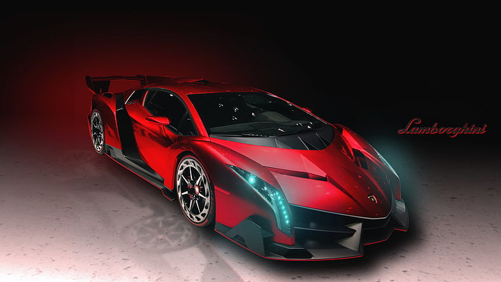 red and black Lamborghini Veneno coupe, Machine, The hood, Lights, HD wallpaper