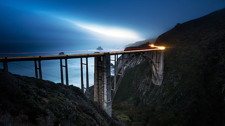 bridge, motion blur, mountains, sea, mist, lights, landscape, HD wallpaper
