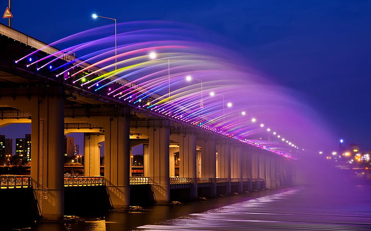 Asia, Korea, Seoul, Banpo Bridge, rainbow fountain, night lights, HD wallpaper