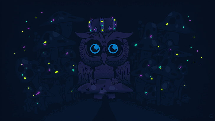 owl illustration, Desktopography, nature, animals, mushroom, digital art, HD wallpaper