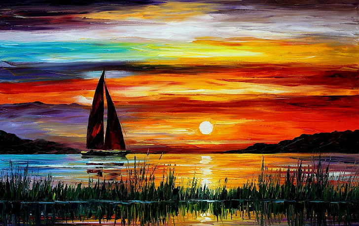 sailboat painting, sea, sunset, picture, florida, leonid afremov, HD wallpaper