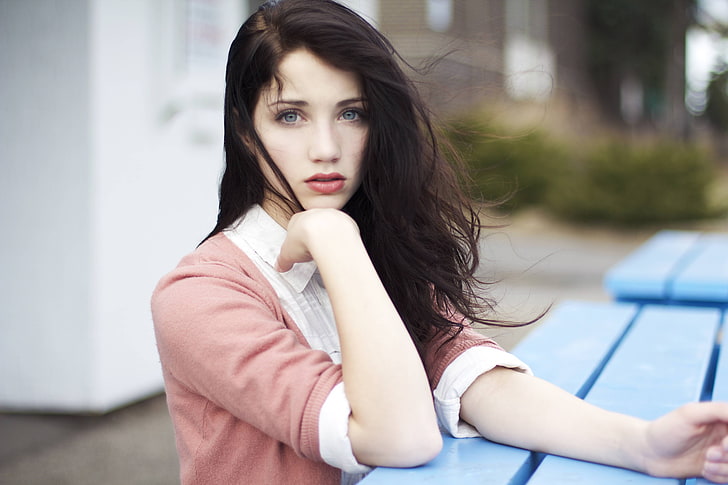 women's red and white elbow-sleeved collared top, Emily Rudd, HD wallpaper