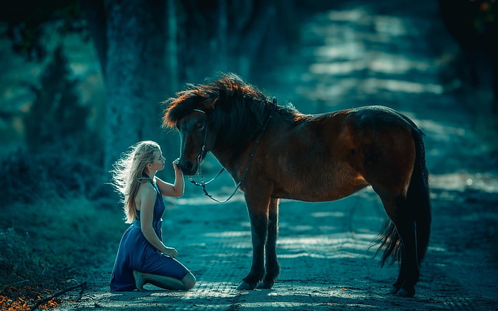 horse, women with horse, blue dress, kneeling, windy, mammal