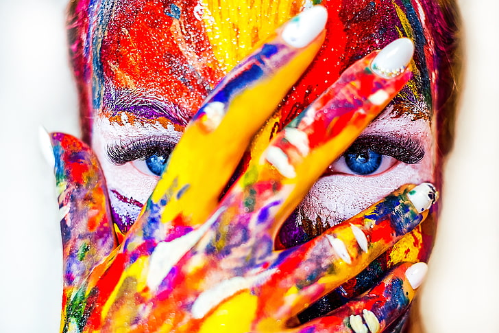 multicolored pain face, paint, make-up, hand, multi Colored, women, HD wallpaper