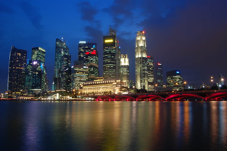 high rise city buildings during night time, singapore city, singapore city, HD wallpaper