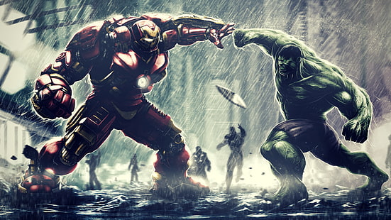 Marvel Iron Man Mark 44 facing Hulk illustration, Marvel Cinematic Universe HD wallpaper