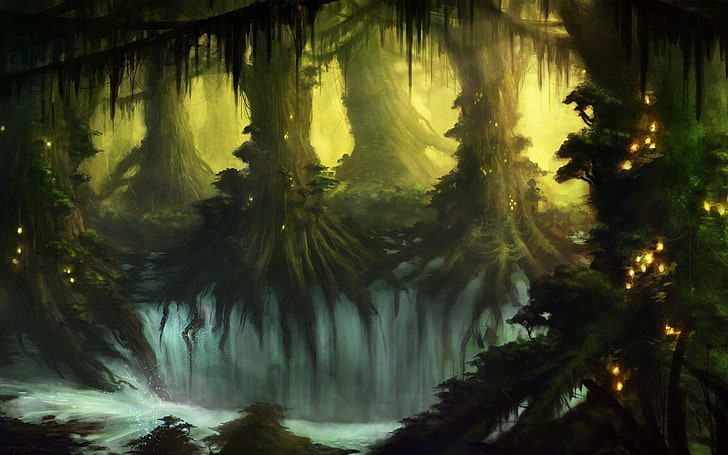 fantasy art, digital art, artwork, trees, forest, plants, dark, HD wallpaper