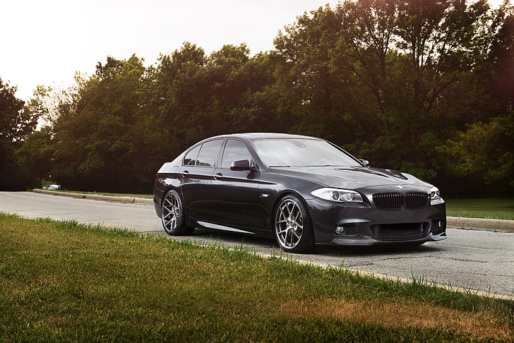 black BMW sedan, gray, road, grass, BMW 5 Series, vehicle, car, HD wallpaper