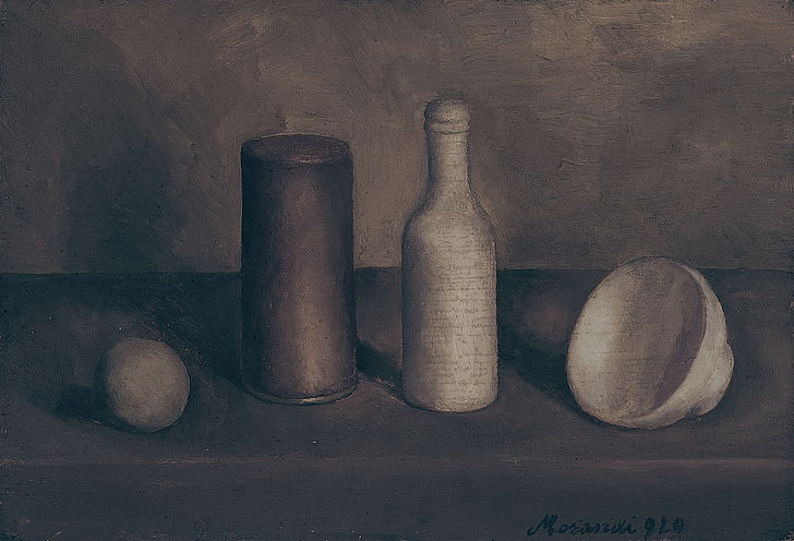 classic art, Giorgio Morandi, jars, indoors, still life, wood - material