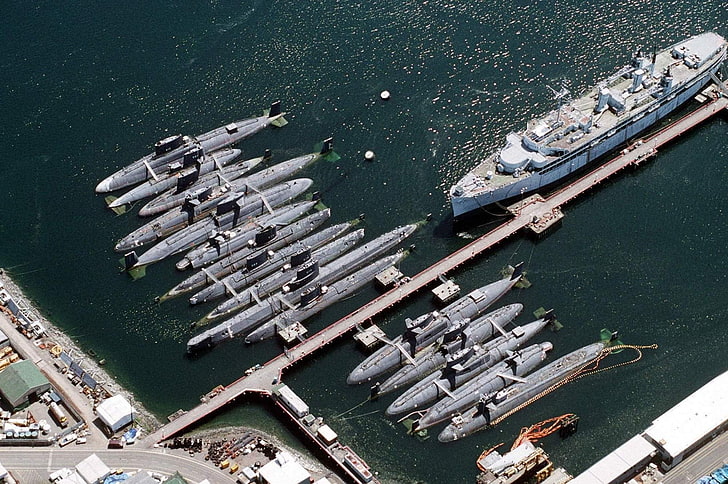 gray submarine lot, Japan, aerial view, ship, military, water, HD wallpaper