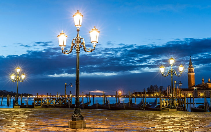 lighted streetlights near body of water, italy, venice, night