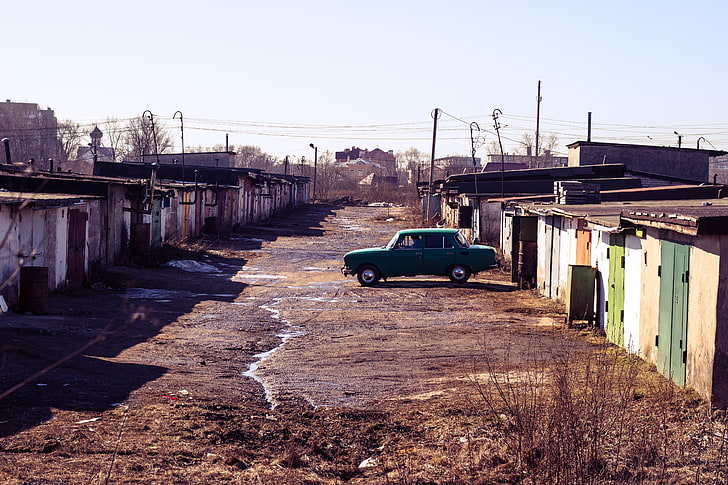 Russia, landscape, garages, Moskvich, transportation, mode of transportation, HD wallpaper