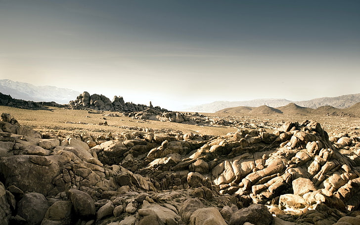 brown stones, distance, sand, nature, mountain, landscape, sky