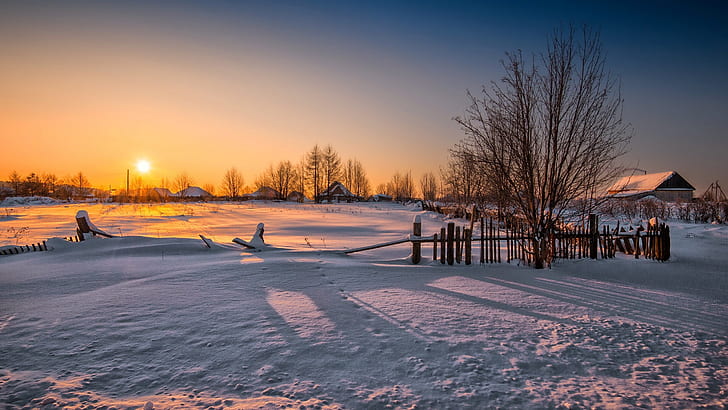 Winter, fence, trees, house, sunset, snow