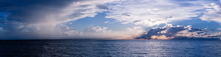 beach, ocean, panorama, panoramic, panoramic view, sunset, sky, HD wallpaper