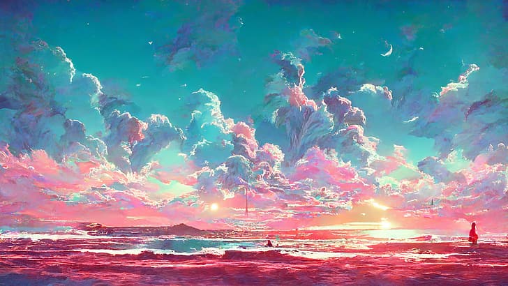 AI, clouds, vaporwave, beach, sunset, sand, Moon, bright, colorful, HD wallpaper