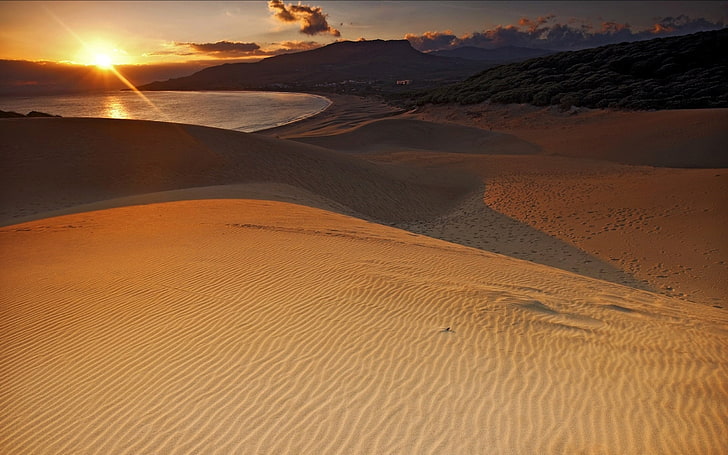 desert sand, sunset, sunlight, landscape, nature, sea, sand dune, HD wallpaper