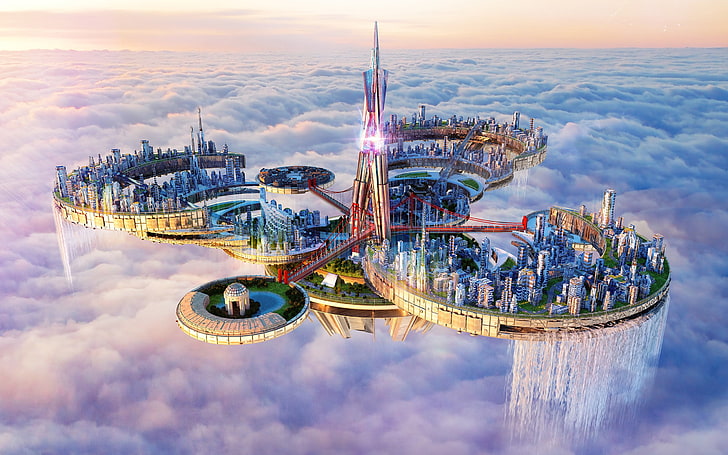 city floating above sky illustration, fantasy art, digital art