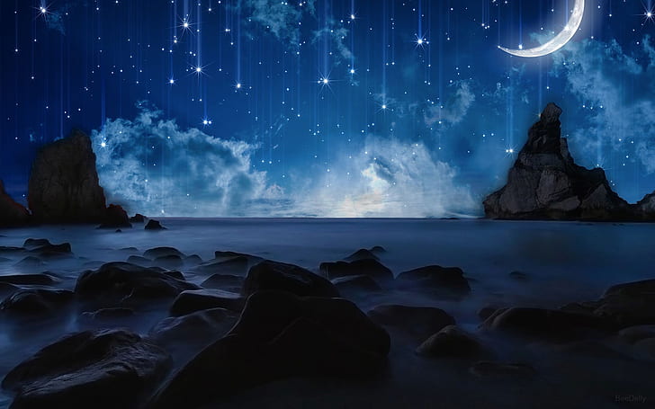 HD wallpaper: Stars Moon Night Rocks Stones Ocean HD, nature | Wallpaper  Flare