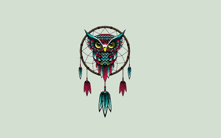 red and teal owl dream catcher wallpaper, bird, minimalism, Dreamcatcher, HD wallpaper