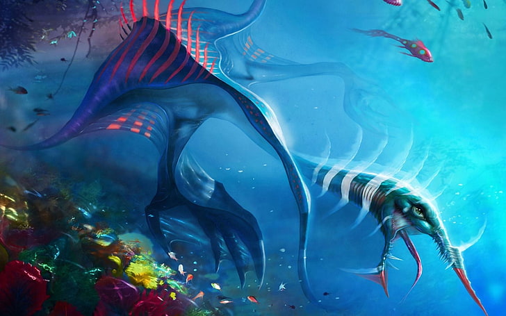 blue fish illustration, creature, underwater, sea monsters, animal themes