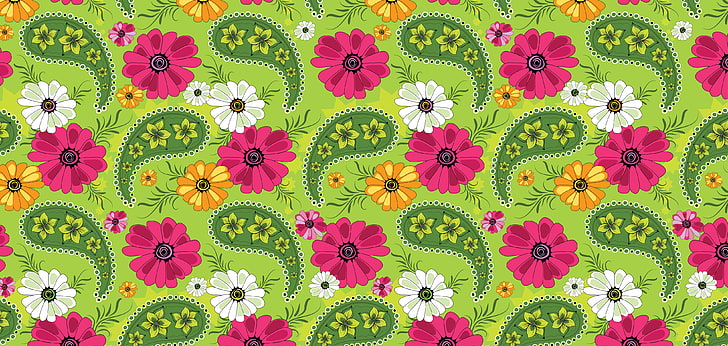 green, pink, white, and orange floral paisley illustration, flowers, HD wallpaper