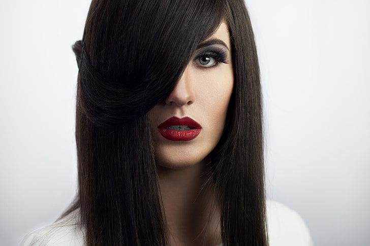 women's red lipstick, dark hair, covered eyes, portrait, headshot