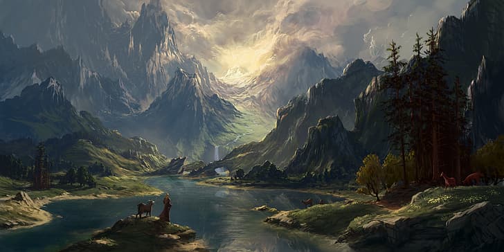 artwork, digital art, landscape, lake, mountains, waterfall, HD wallpaper