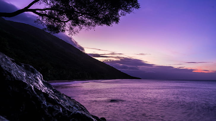 photography of mountain near sea under purple sky, port douglas, port douglas, HD wallpaper