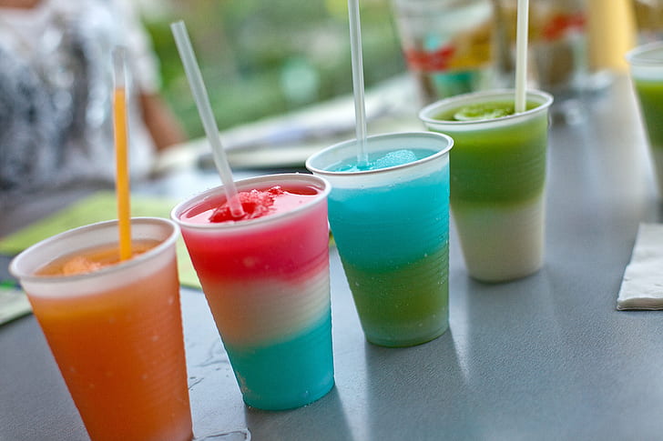 macro shot photography of four cocktails smoothies in white plastic cups during daytime, HD wallpaper