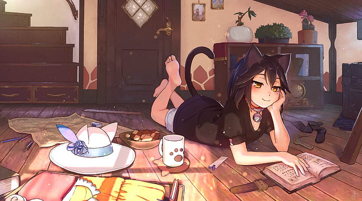 anime girl, lying down, animal ears, smiling, reading, cat girl, HD wallpaper