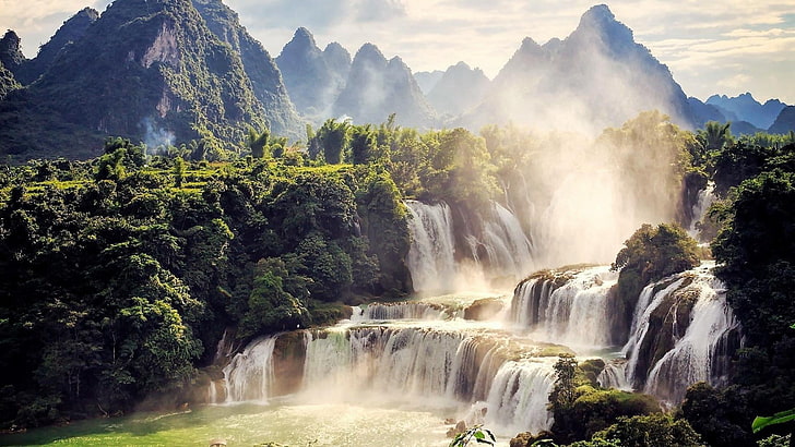 waterfall, vietnam, detian waterfall, asia, peaks, mountain, HD wallpaper